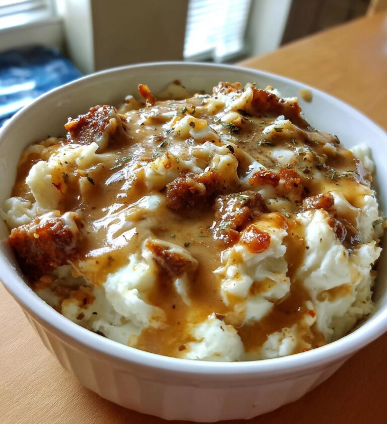 creamy roasted garlic mashed potatoes with savory sausage gravy