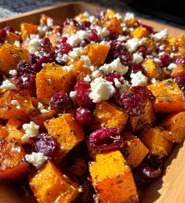 honey roasted butternut squash with cranberries and feta