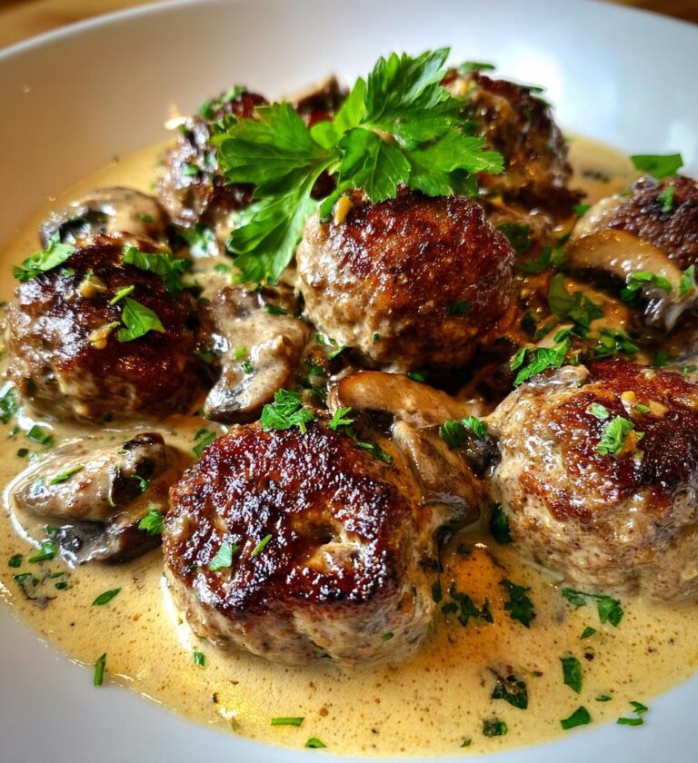 juicy meatballs in a luxurious mushroom sauce