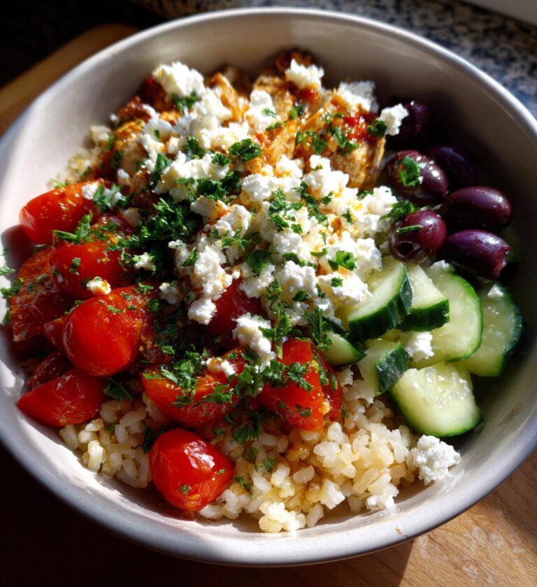 mediterranean chicken and rice bowl