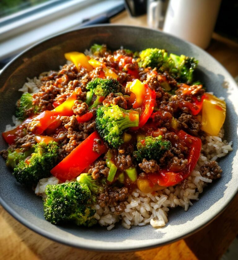 spicy ground beef stir fry bowl garlic veggies rice