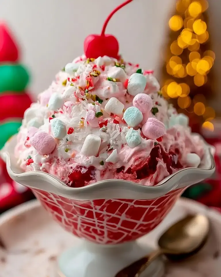 A delicious plate of Christmas Cherry Fluff: Easy No Bake Holiday Dessert!
