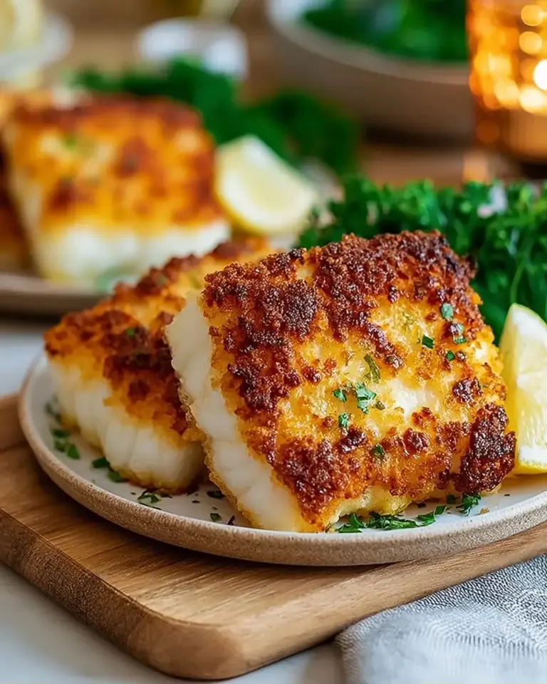 A delicious plate of Crispy Air Fryer Parmesan Cod | Easy Baked Fish in Air Fryer Dinner