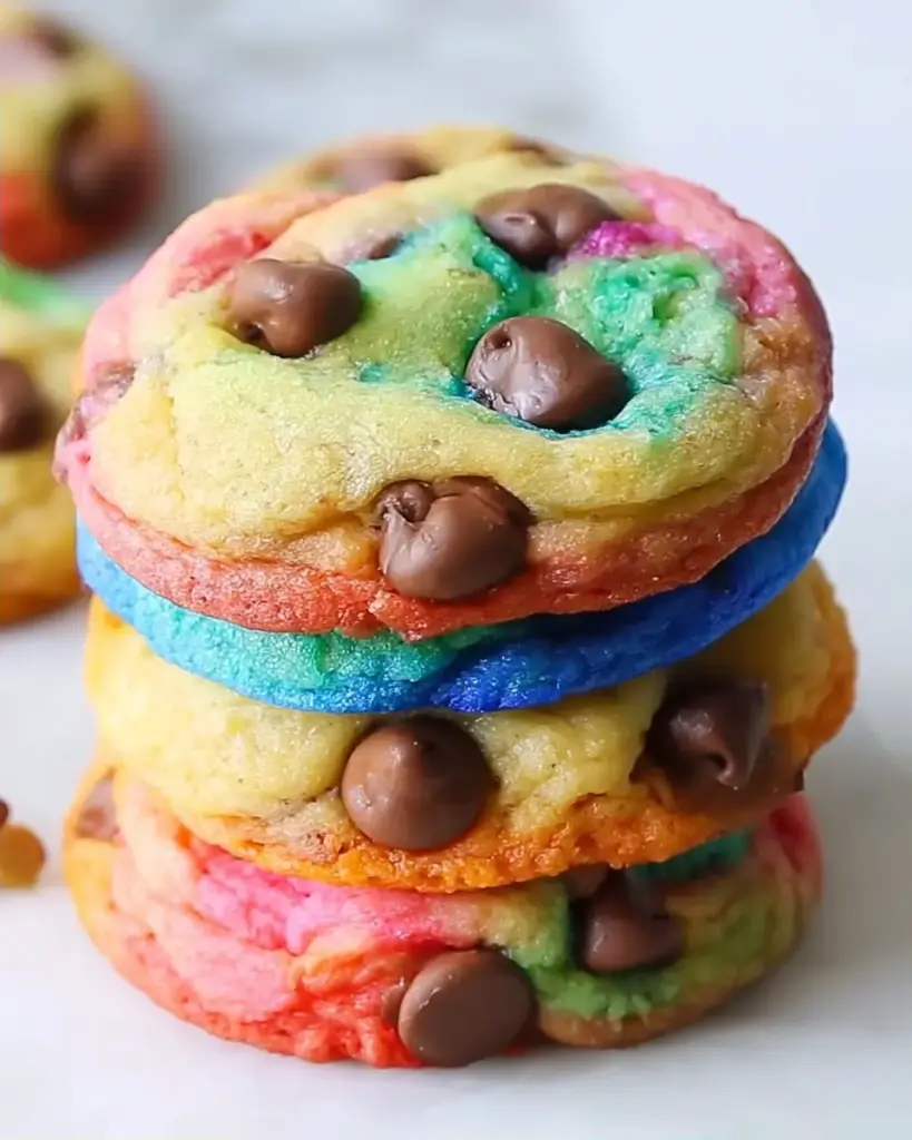 A delicious plate of Delight in Rainbow Chocolate Chip Cookies: A Colorful Twist