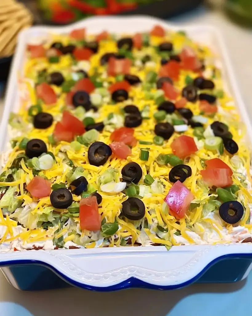 A delicious plate of High Protein 7 Layer Taco Dip