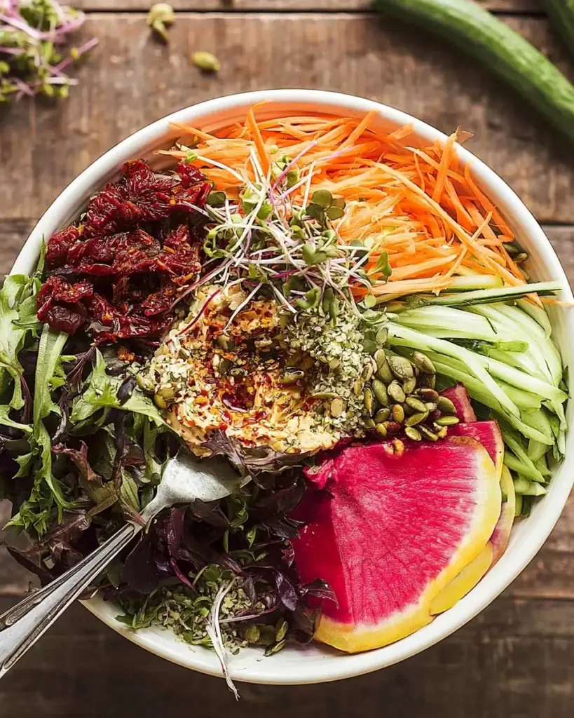 A delicious plate of High Protein Fresh Vegan Salad with Hummus