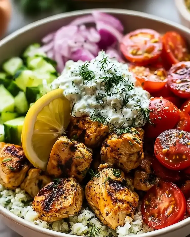 A delicious plate of High Protein Mediterranean Lemon-Dill Chicken Bowls (Easy & Meal Prep Friendly)