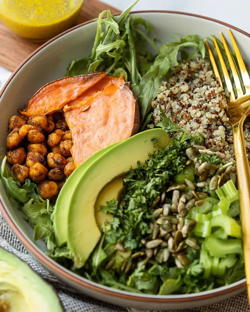 A delicious plate of High Protein Vegan Arugula Salad with Honey Mustard Dressing