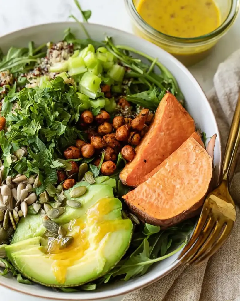 A delicious plate of High Protein Vegan Arugula Salad with Honey Mustard Dressing