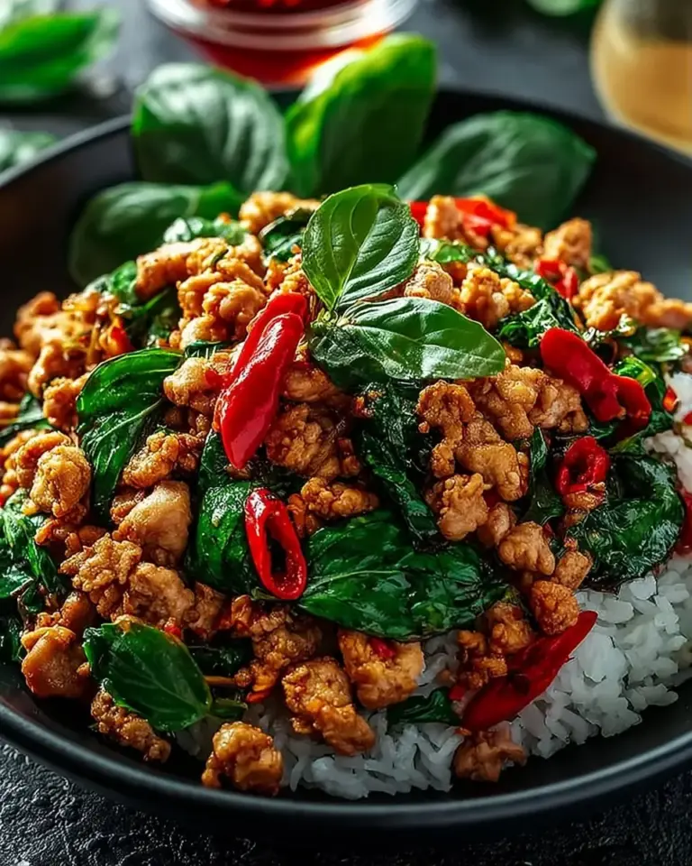 A delicious plate of Irresistibly Spicy Ground Chicken Thai Basil Stir Fry (Pad Krapow)