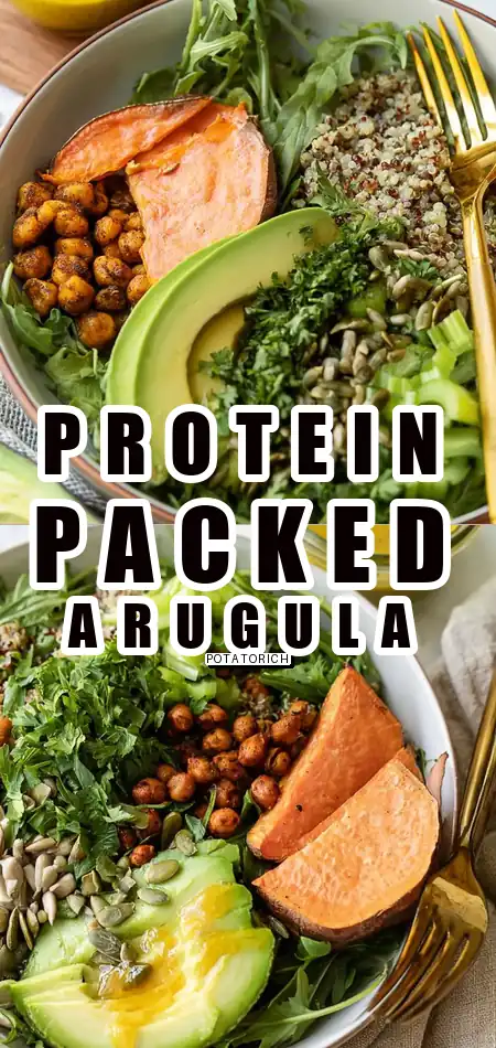 Pinterest pin (Design 1) for High Protein Vegan Arugula Salad with Honey Mustard Dressing