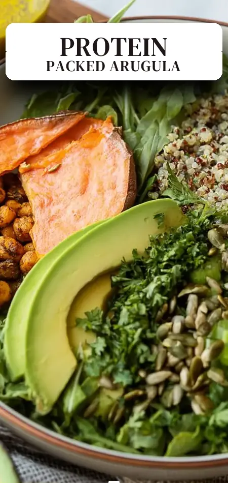 Pinterest pin (Design 2) for High Protein Vegan Arugula Salad with Honey Mustard Dressing