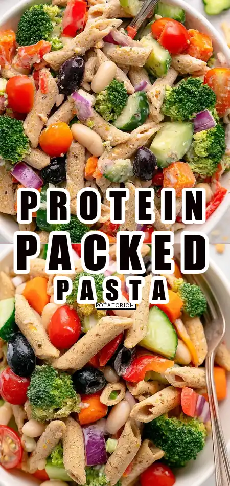 Pinterest pin (Design 1) for High Protein Pasta Salad
