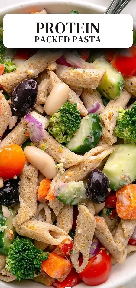 Pinterest pin (Design 2) for High Protein Pasta Salad