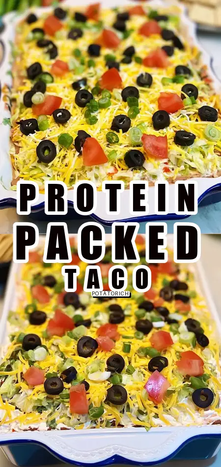 Pinterest pin (Design 1) for High Protein 7 Layer Taco Dip