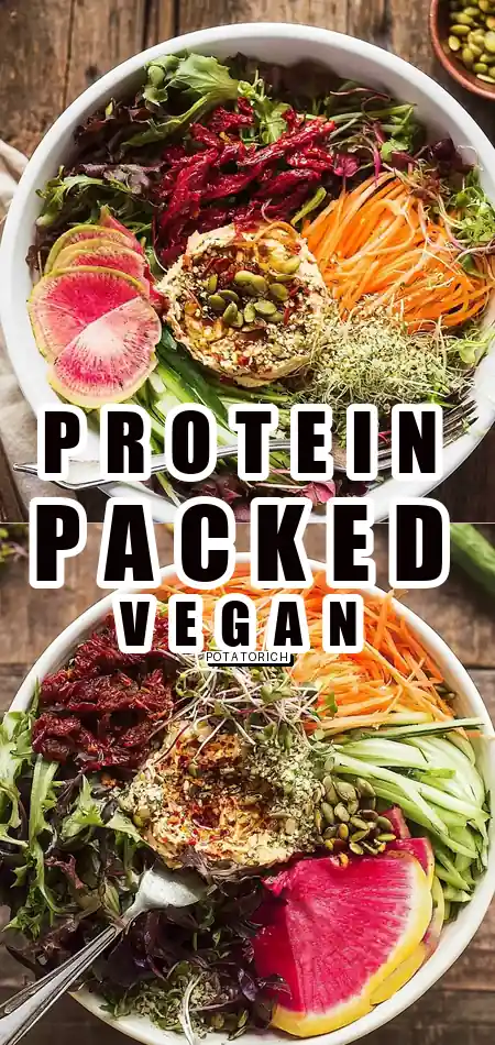 Pinterest pin (Design 1) for High Protein Fresh Vegan Salad with Hummus