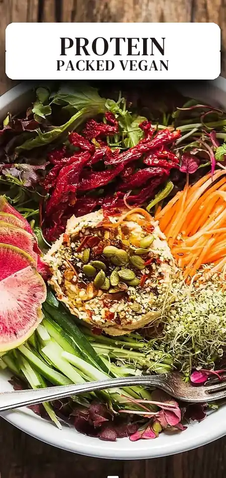 Pinterest pin (Design 2) for High Protein Fresh Vegan Salad with Hummus