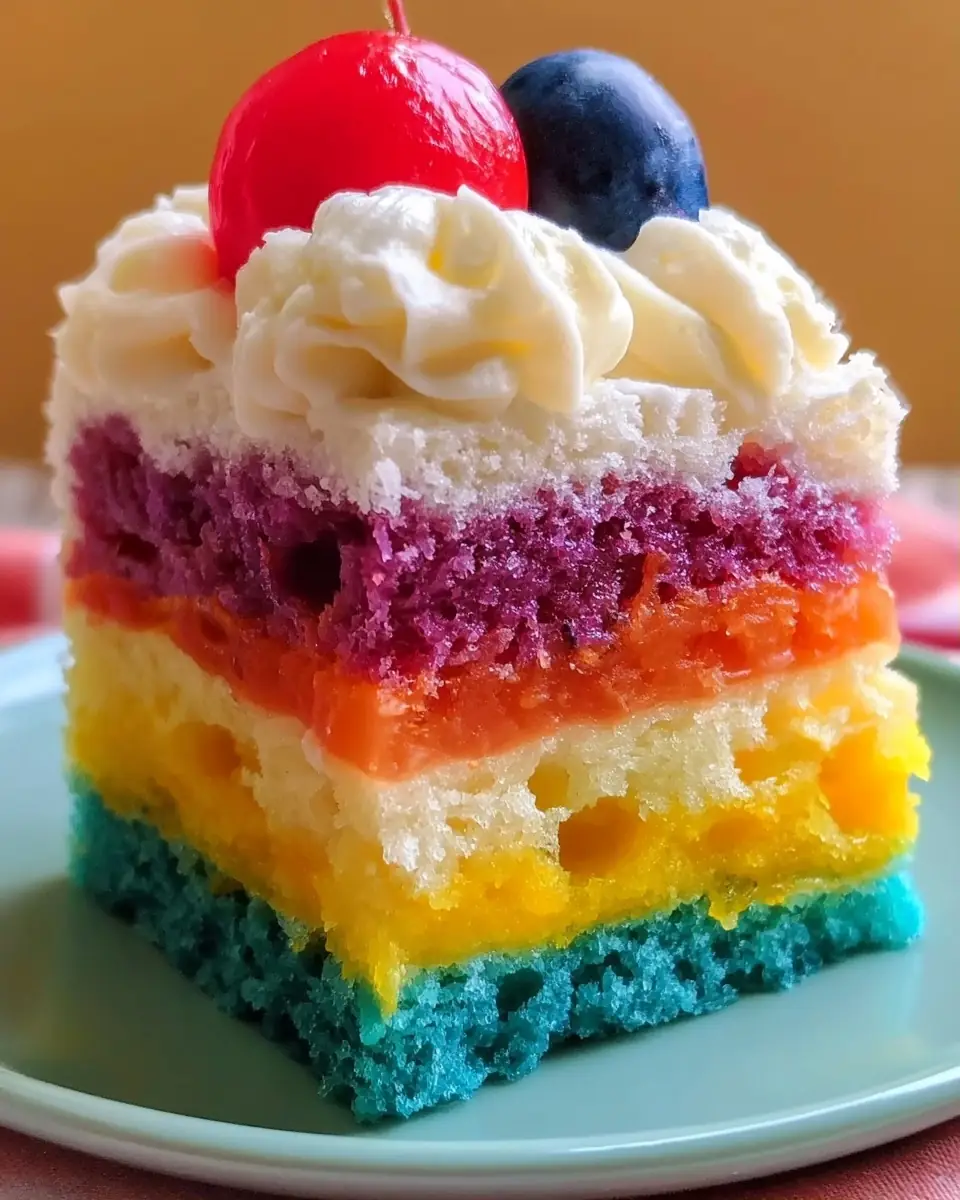 A delicious plate of Pride Layered Poke Cake: A Colorful Celebration of Joy
