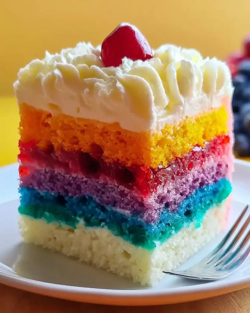 A delicious plate of Pride Layered Poke Cake: A Colorful Celebration of Joy