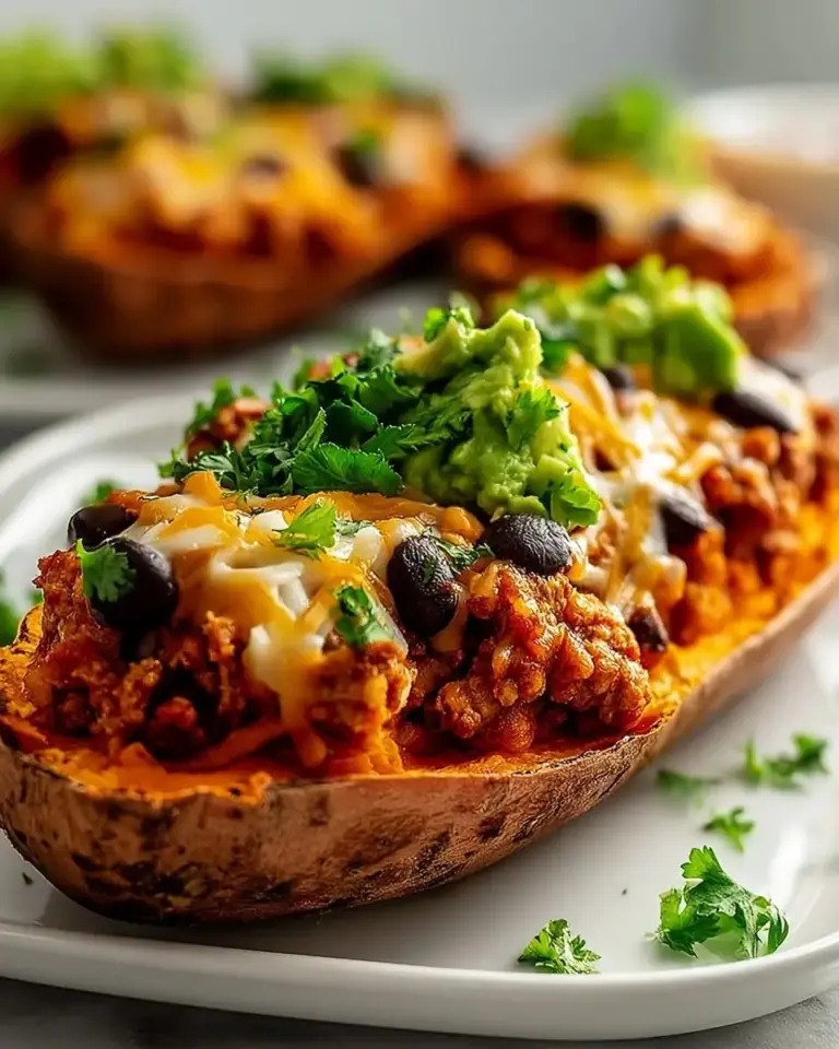 A delicious plate of Sweet Potato Boats with Ground Turkey and Black Beans