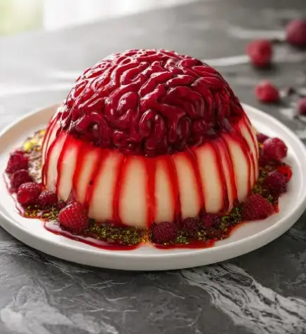 A delicious plate of Creepy Bleeding Brain Raspberry Panna Cotta