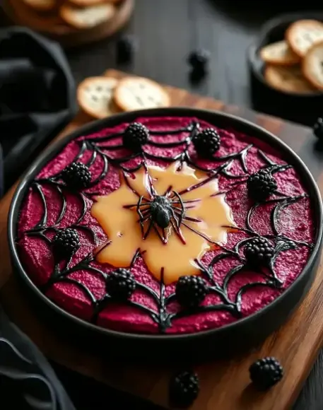 A delicious plate of Delicious Bloody Beet Hummus with Cheese Web for Spooky Snacks