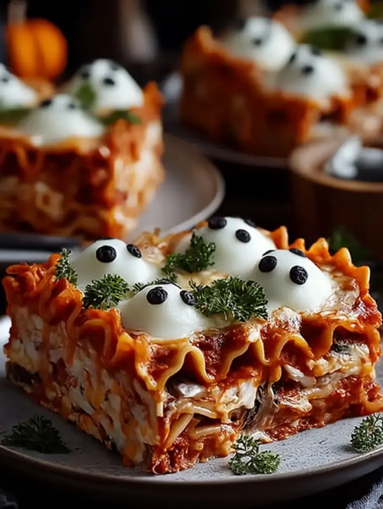 A delicious plate of Deliciously Creepy Ghostly Lasagna for Spooky Nights