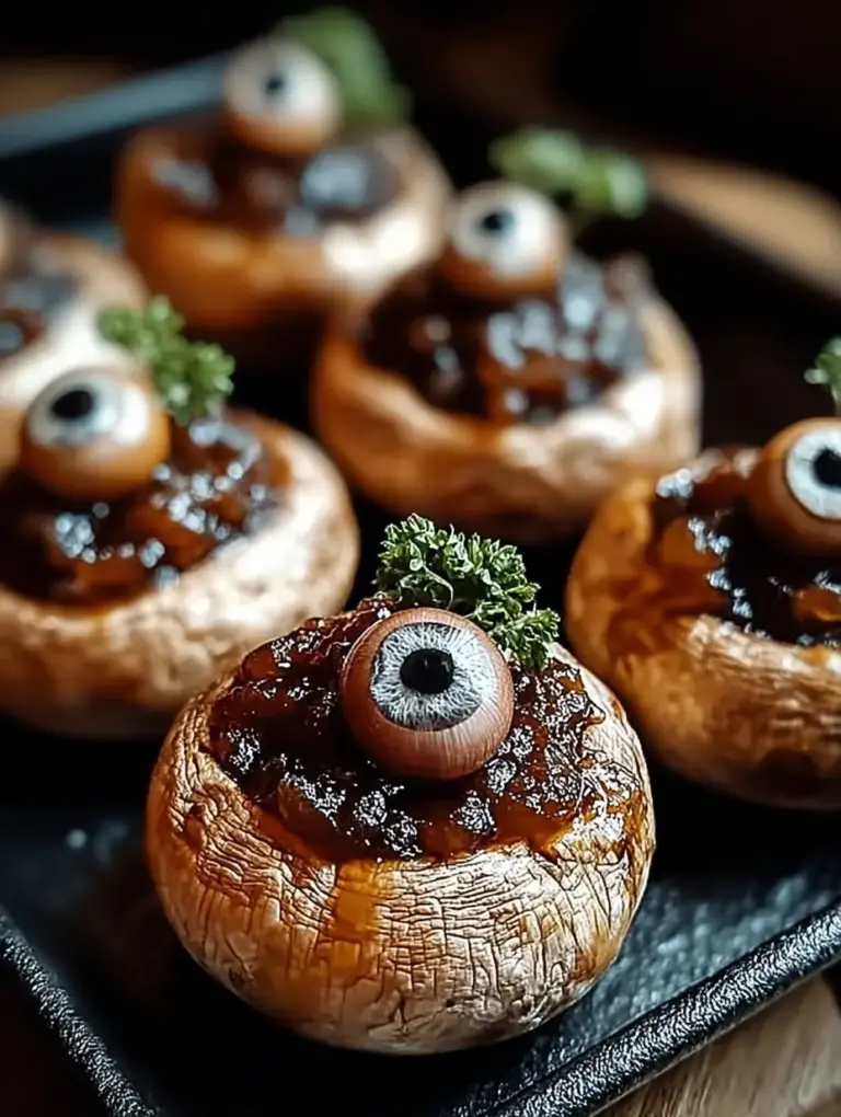 A delicious plate of Irresistible Stuffed Mushroom Eyeballs for Spooky Snacks