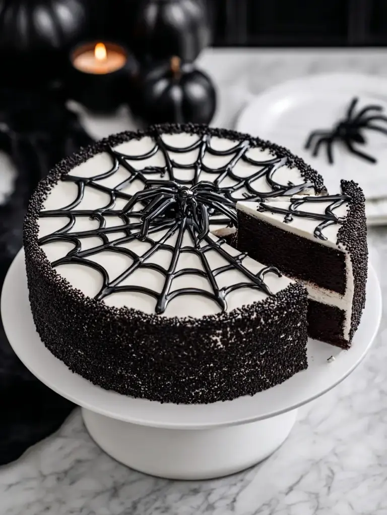 A delicious plate of Spooky Black Velvet Spider Web Cake