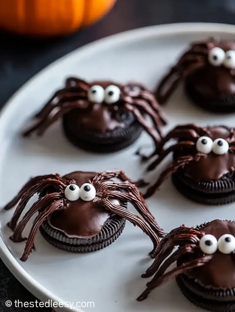 A delicious plate of Spooky Chocolate Spider Oreo Treats: No-Bake