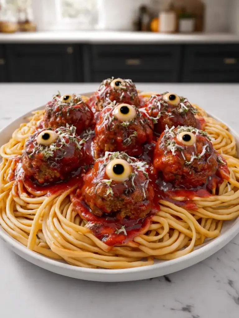A delicious plate of Spooky Monster Eye Turkey Meatball Halloween Pasta