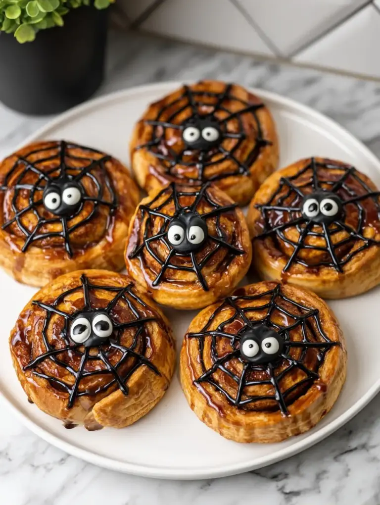 A delicious plate of Spooky Spider Web Cinnamon Roll Breakfast